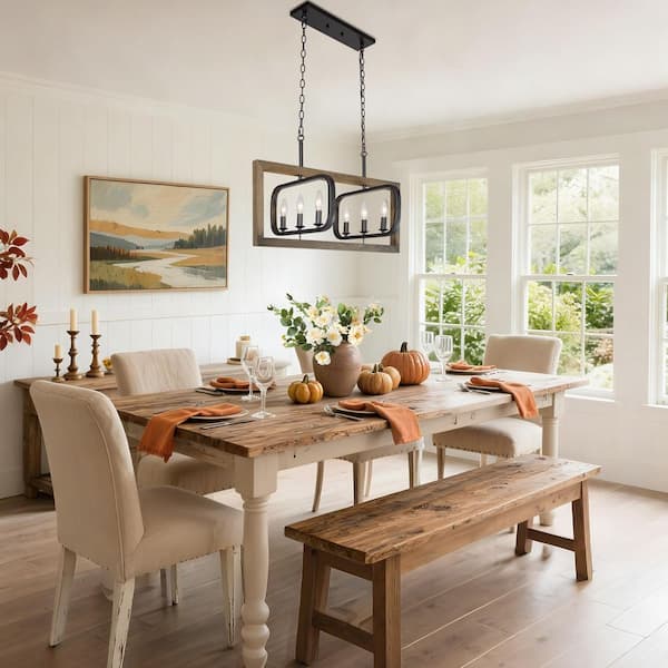 Modern Farmhouse 31 in. Black 6-Light Candlestick Chandelier with Rustic Wooden Cage Transitional Large Island Pendant