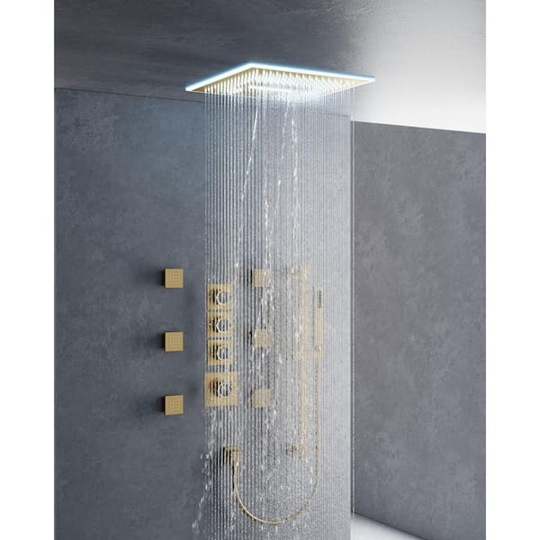 YAWWALK Thermostatic 17-Spray 16 in. Square LED Mood Lighting Bluetooth Music Shower System with Valve in Brushed Gold