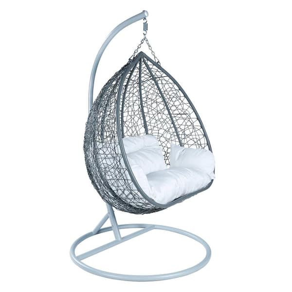 Hanging Metal Porch Swing Chair in Grey Stainless Steel Frame with Cushions Recluse Collection in White
