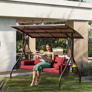 3-Person Metal Patio Swing with Red Cushions and Adjustable Canopy