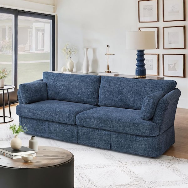 Isabella Chenille Upholstered Rectangle 2-Seater Sofa 98.4 in. W Flared Arms Wood Frame Couch in Dark Blue for 3 People