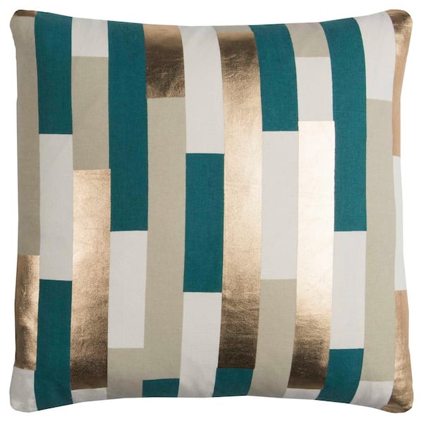 Unbranded Teal/Gold Metallic Striped Cotton Poly Filled 20 in. x 20 in. Decorative Throw Pillow