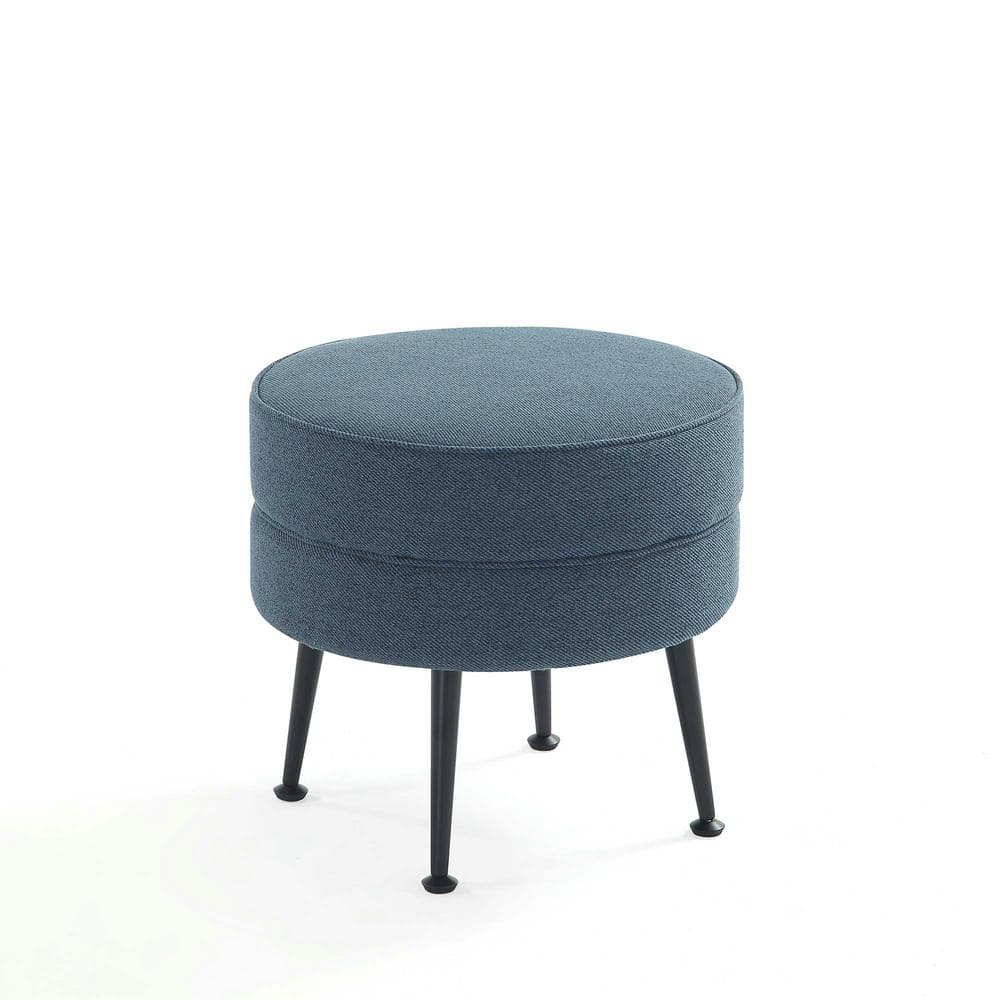 Bailey Blue Round Upholstered Ottoman with Black Stainless Steel Legs