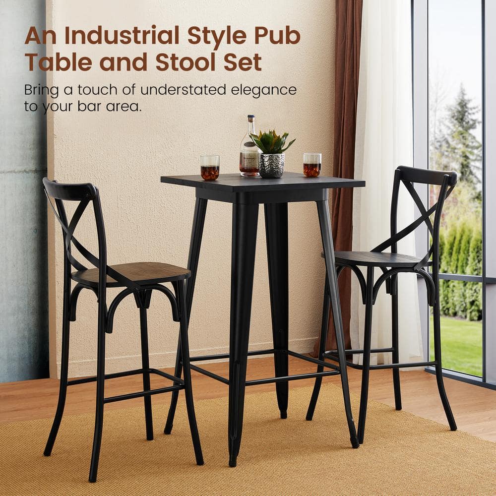 Black Steel and Elm Wood Industrial Pub Table Set with 2 Chairs