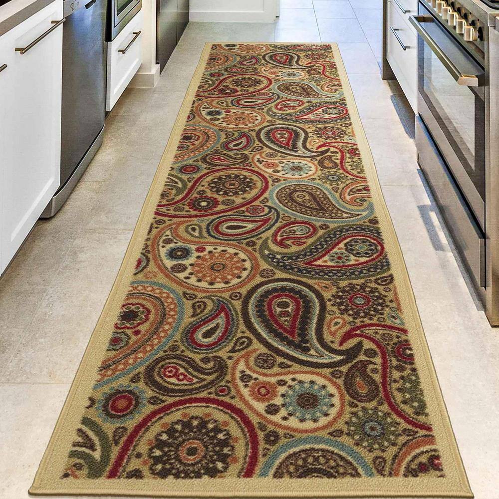 Contemporary Red and Beige Paisley Runner Rug with Non-Slip Backing