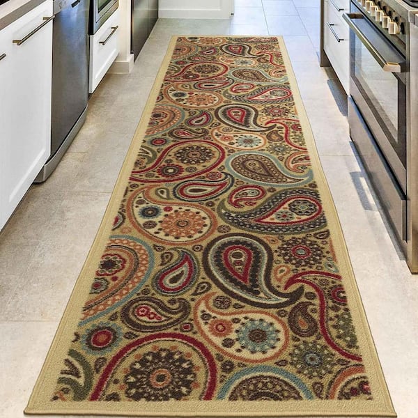 Ottohome Collection Non-Slip Rubberback Paisley Design 2x7 Indoor Runner Rug, 1 ft. 10 in. x 7 ft., Camel