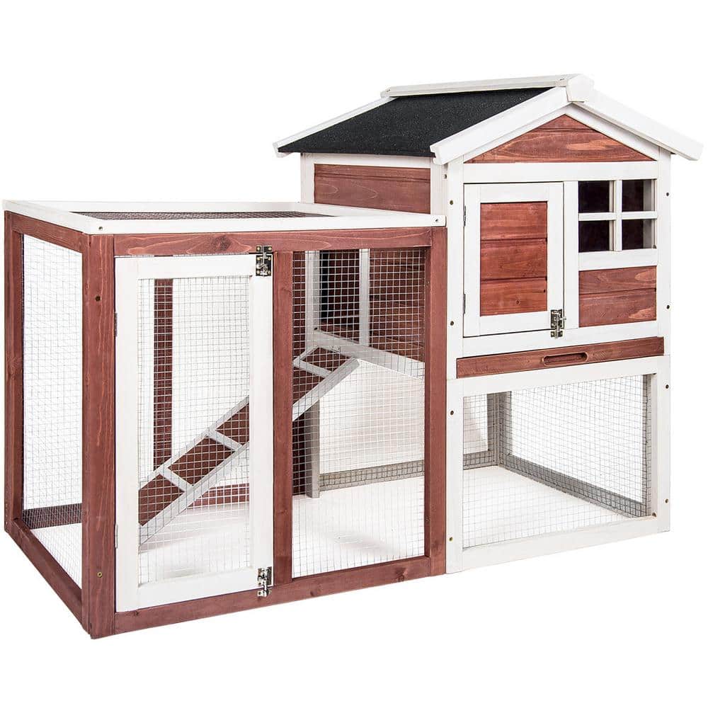 Upgrad Version Two Floors Pet Rabbit Hutch Wooden House Chicken Coop Bunny Cage Poultry Pet Cage for Small/Medium Animals with Stairs and Cleaning Tray Auburn+White 