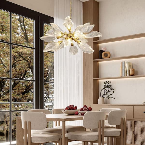 YUYI D31.5 in. 18-Light Gold Modern Chandelier, Crystal Leaf