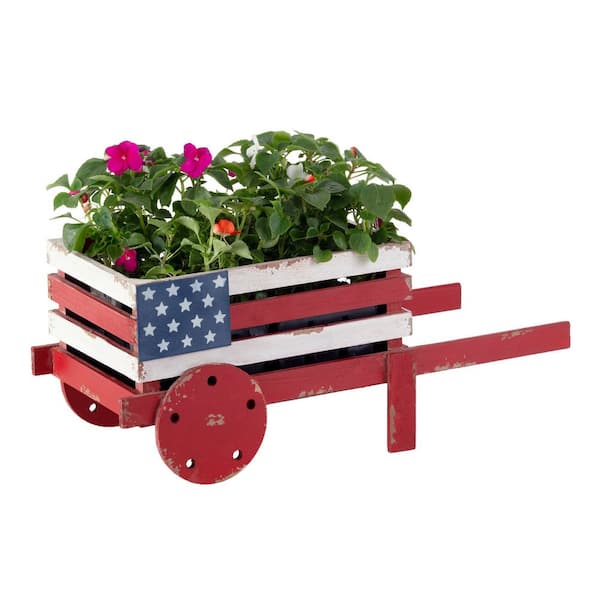Alpine Corporation 9 in. Tall Indoor/Outdoor Rustic Wooden American Flag Wheelbarrow Planter