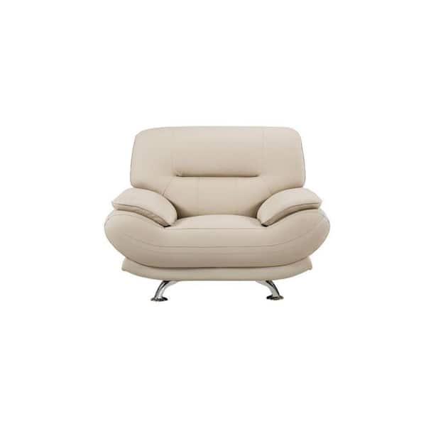 Benjara Cream and Silver Faux leather Arm Chair with Slender Legs Support