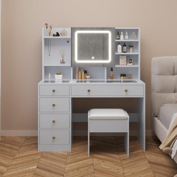 White Makeup Vanity Set with Adjustable Mirror