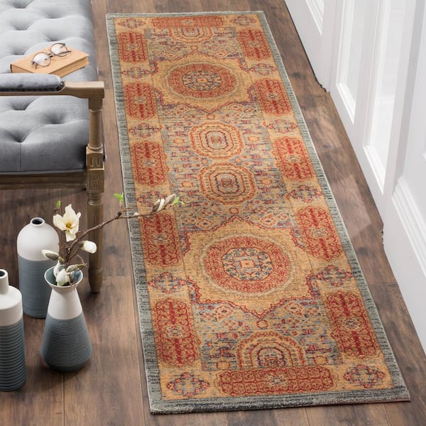 Mahal 2 ft. x 10 ft. Navy/Red Border Ornate Runner Rug