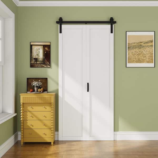 40 in. x 84 in. 1-Paneled White Primed Composite MDF Bifold Sliding Barn Door with Hardware Kit