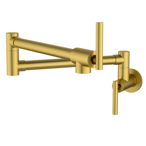 Logmey Modern Wall Mount Pot Filler Kitchen Faucet with Double Handle in Brushed Gold