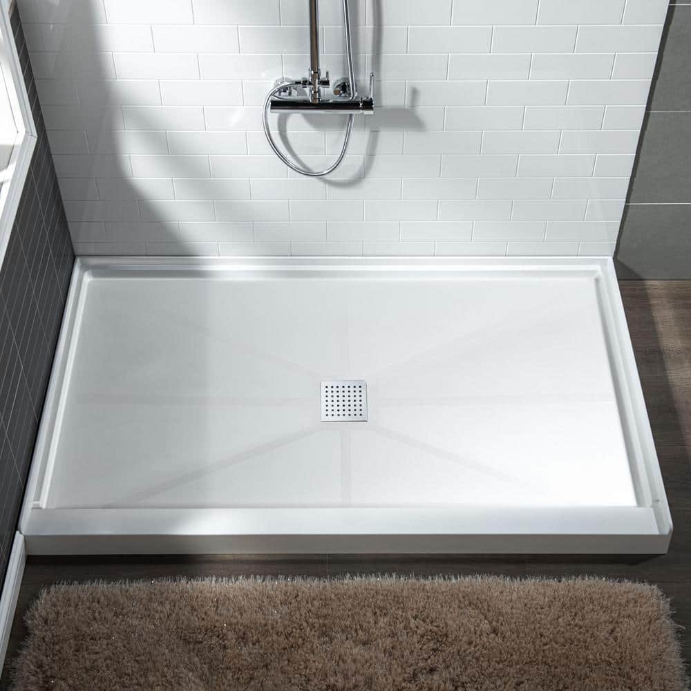 60" White Solid Surface Rectangular Shower Pan with Center Drain