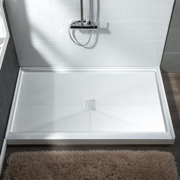 WOODBRIDGE Krasik 60 in. L x 32 in. W Alcove Solid Surface Shower Pan Base with Center Drain in White with Chrome Cover