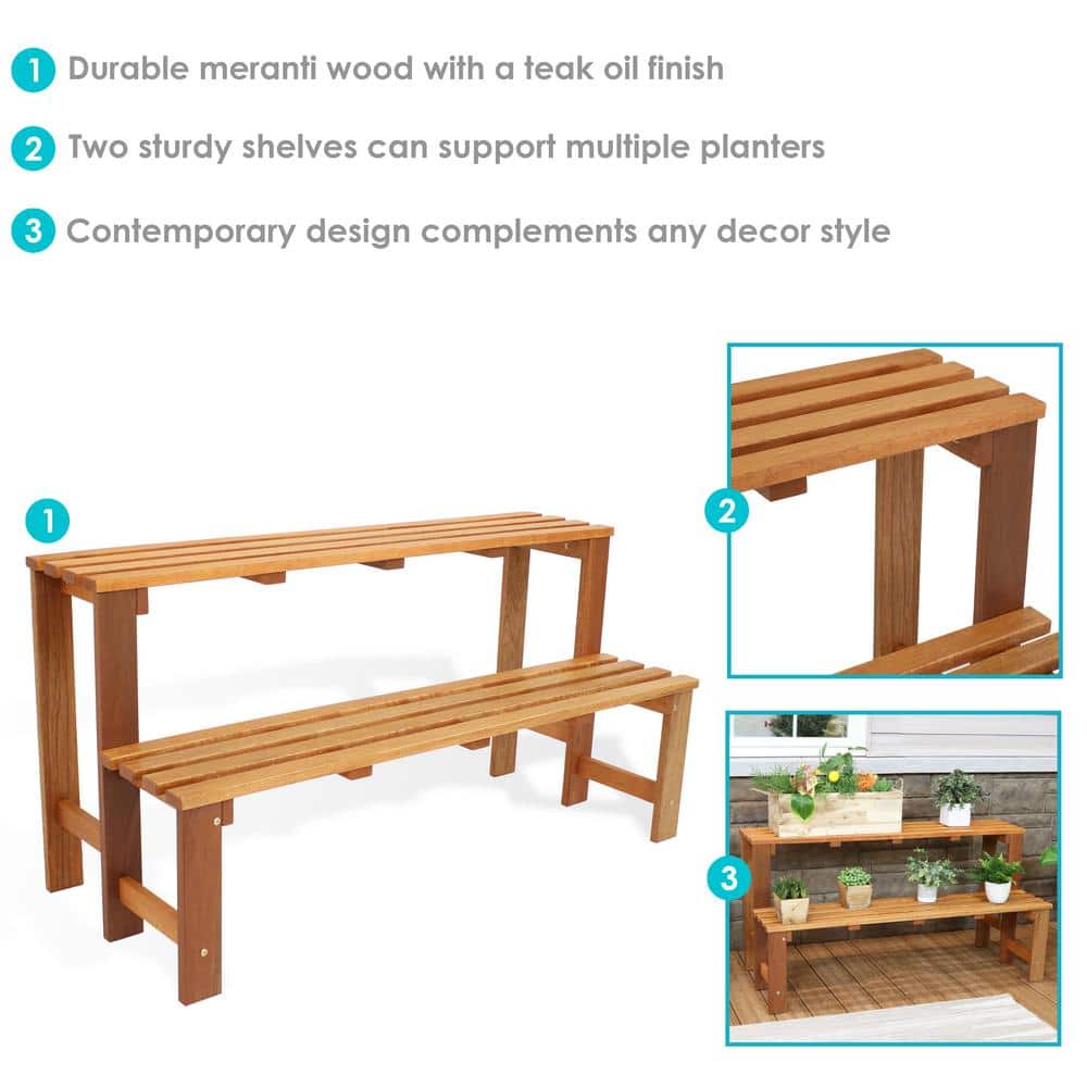 Brown Meranti Wood 2-Tier Outdoor Plant Stand with Teak Oil Finish