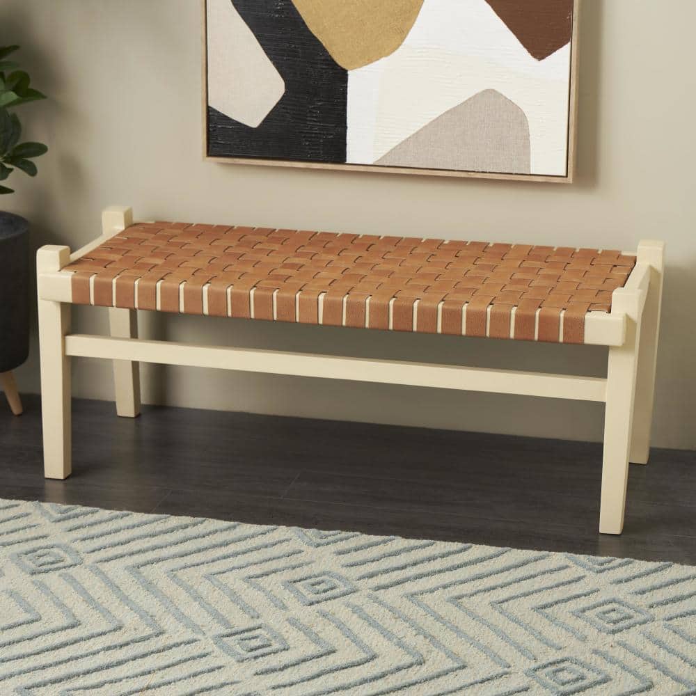 Litton Lane Brown Handmade Woven Seat Dining Bench with Beige Wood Base 19 in. x 48 in. x 20 in ...