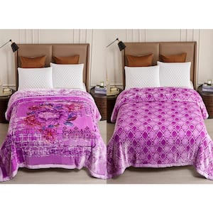 Violet Flower 2 Ply A,B Design Embossed Polyester Fleece 87 in. x 94 in. Bed Blanket for Winter, 10.5 lbs.