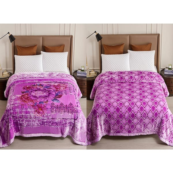 JML Violet Flower 2 Ply A,B Design Embossed Polyester Fleece 87 in. x 94 in. Bed Blanket for Winter, 10.5 lbs.