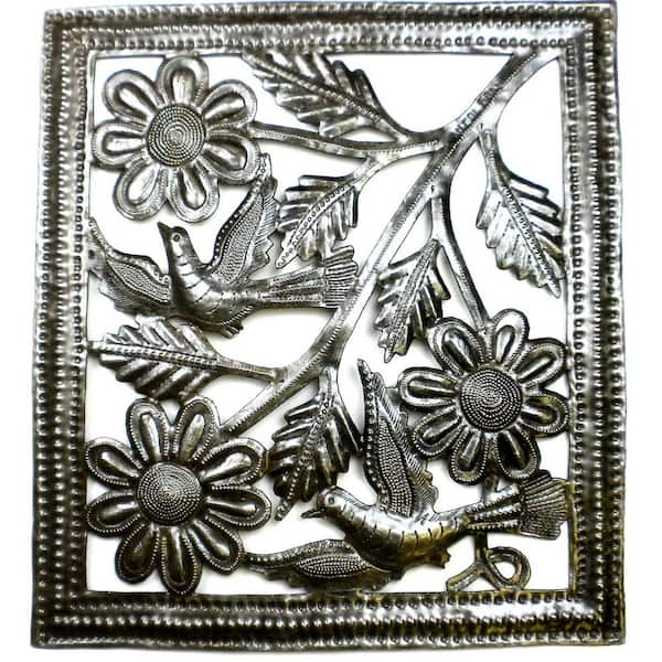 Global Crafts Flower and Birds in Flight Ringed Haitian Steel Drum Square Wall Art