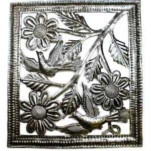 Flower and Birds in Flight Ringed Haitian Steel Drum Square Wall Art