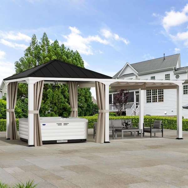 COVERED OUTDOOR OUTDOOR LIVING SPACES Ultra Series 10 ft. x 20 ft. Pavilion Pergola Hybrid Gazebo, Hardtop Roof with Privacy Curtains, Black and White