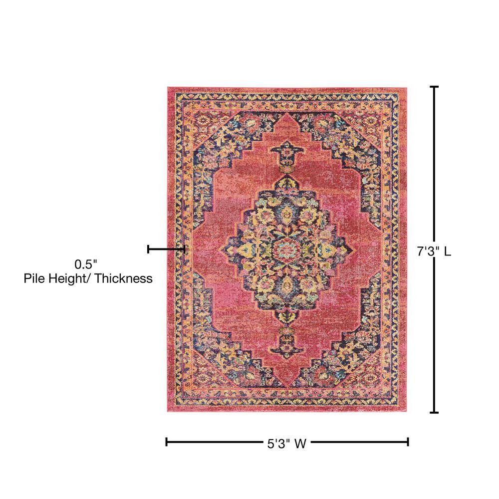 Nourison Pink and Flame Medallion 5'3" x 7'3" Synthetic Area Rug