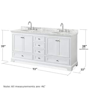 Deborah 72 in. Double Bathroom Vanity in White with Marble Vanity Top in White Carrara with White Basins