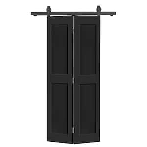 26 in. x 80 in. 2-Panel Shaker Hollow Core Black Composite Bi-Fold Door with Sliding Barn Door Hardware Kit