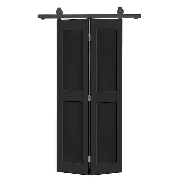 36 in. x 80 in. 2 Panel Shaker Hollow Core Black Composite Bi-fold Door with Sliding Barn Door Hardware Kit