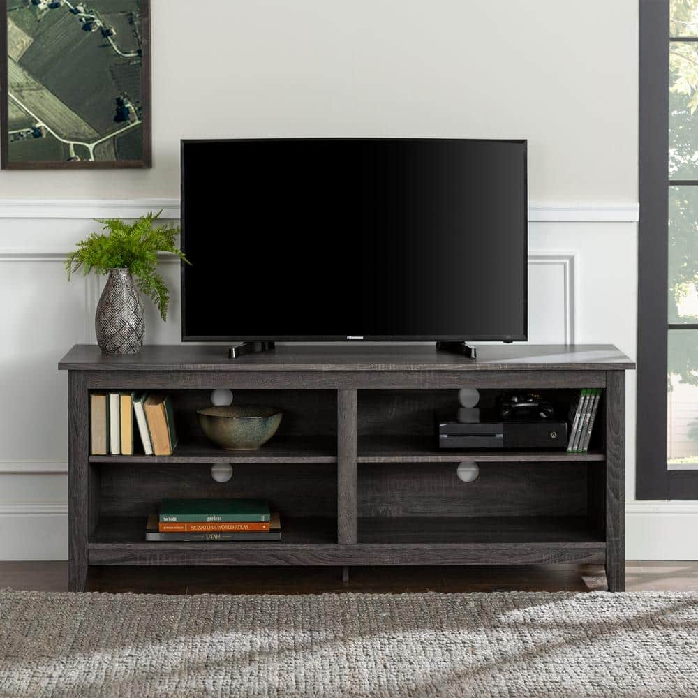 Charcoal Gray MDF Contemporary TV Stand with Shelves