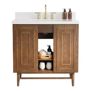 36 in. W x 22 in. D x 35.5 in. H Single Sink Freestanding Bath Vanity in Brown with White Marble Top and Backsplash