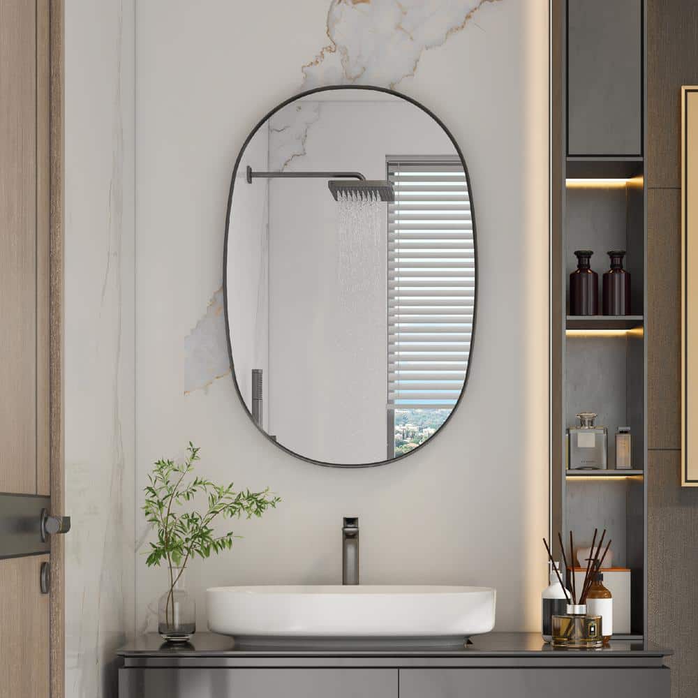 24 in. W x 36 in. H Oval Framed Wall Bathroom Vanity Mirror in Matte Black price history on PriceWatchPro