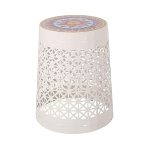 15 in. White Ceramic and Metal Outdoor Patio Side Table with Hollow Flower Work for Outdoors, Garden, Lawn, Backyard