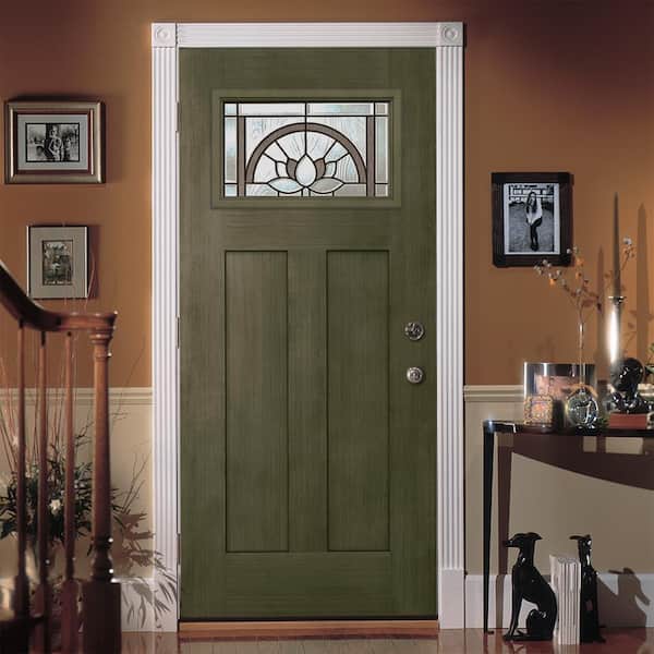 36 in. x 80 in. Juniper Right-Hand 1-Lite Craftsman Ardsley Stained Fiberglass Prehung Front Door with Brickmould