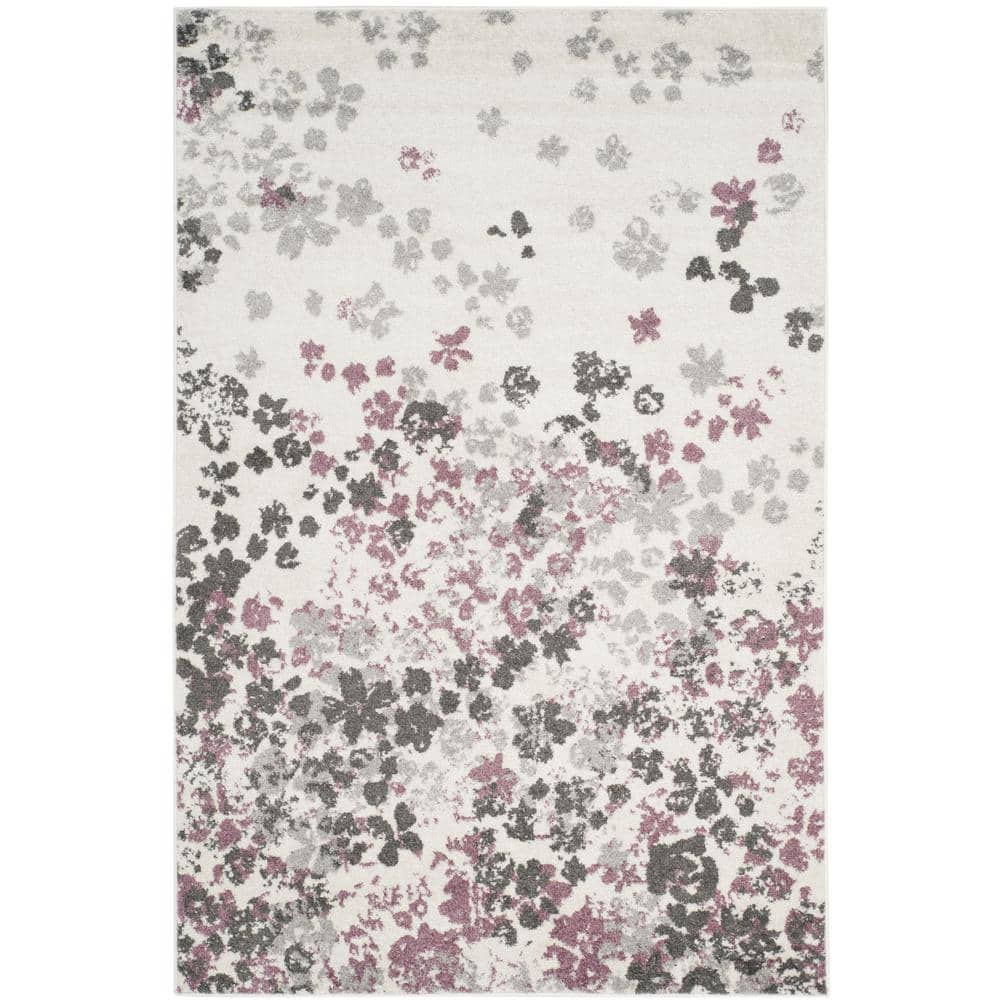Ivory and Purple Floral Synthetic Area Rug, 6' x 9'