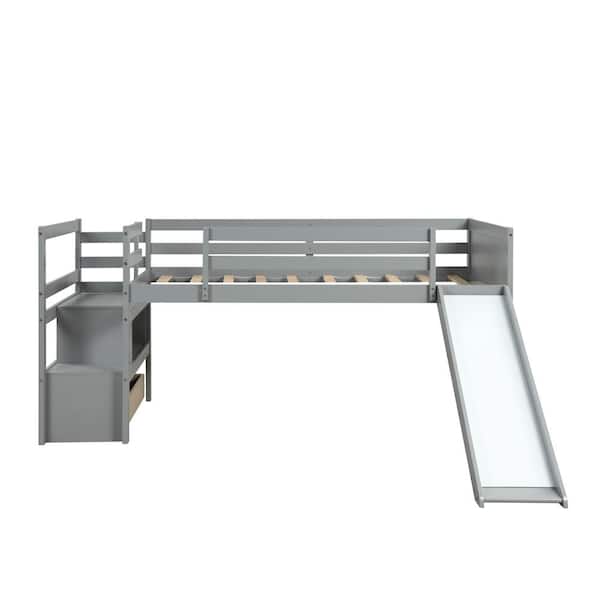ANBAZAR Gray Low Profile Twin Size Kids Loft Bed with Slide and Drawer, Wood Loft Bed Frame with Storage Shelf and Staircases