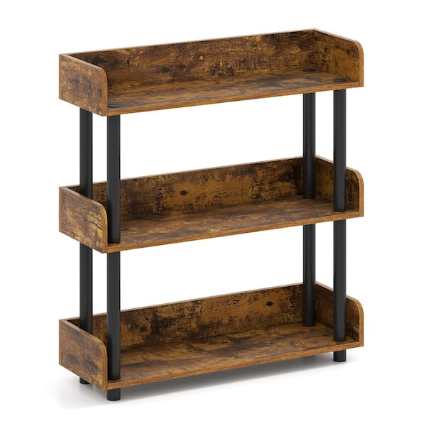 A 3-tier industrial bookshelf with rustic brown shelves and black metal supports.