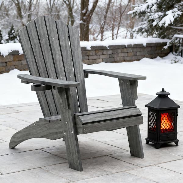 Gray Oversized Adirondack Chair Fire Pit Chair with Cup Holder