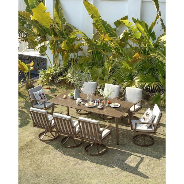 Teak Brown 9-Piece Aluminum Patio Furniture Set Outdoor Dining Set 8 Swivel Chairs with White Cushion and Umbrella Hole