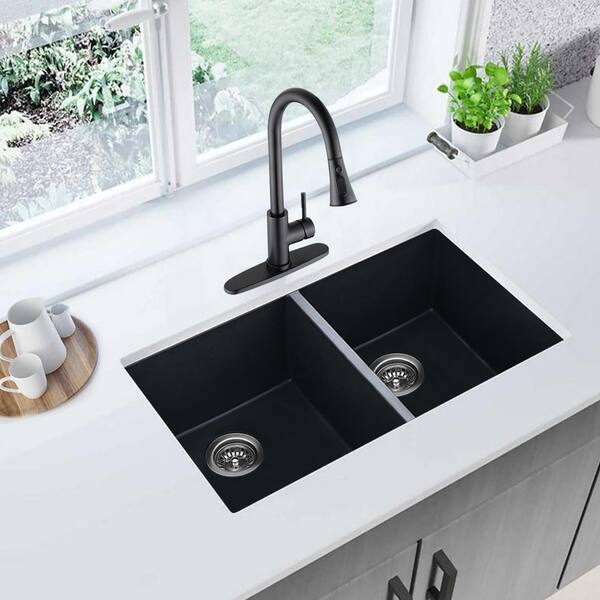 45 Black Quartz Kitchen Sink Double Bowl Drop-In Sink with Drain Board