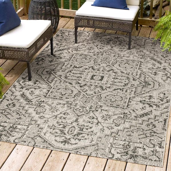 Estrella Black/Gray 9 ft. x 12 ft. Bohemian Medallion Textured Weave Indoor/Outdoor Area Rug