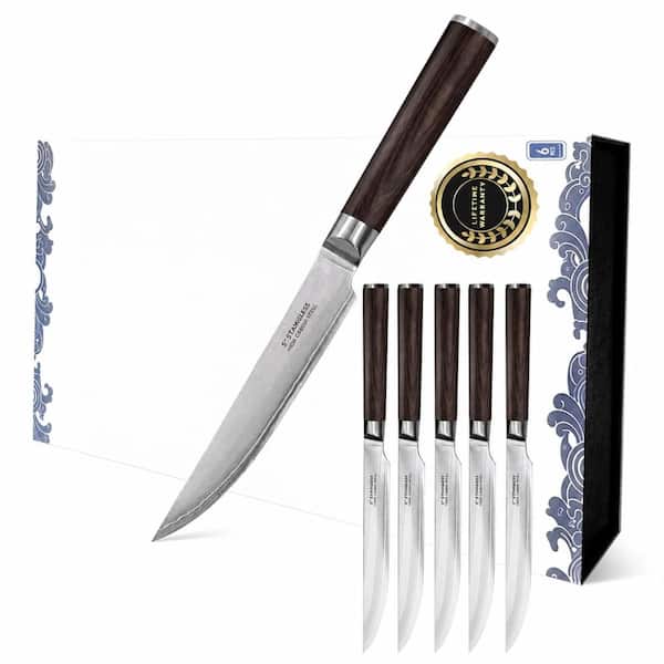 6-Piece Damascus Steel Steak Knife Set 67-Layer 9Cr18MoV Non-Serrated Straight Edge Full Tang Handle