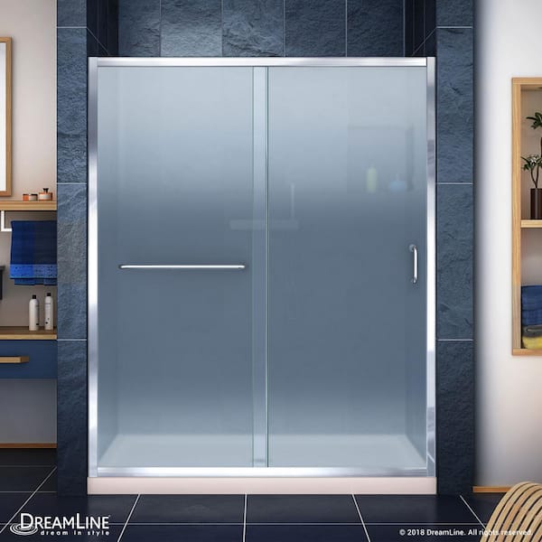 DreamLine Infinity-Z 34 in. x 60 in. Frameless Sliding Shower Door in Chrome with Center Drain Shower Pan Base in Biscuit