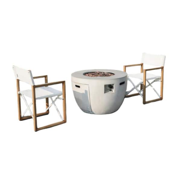 DIRECT WICKER East 3-Piece Aluminum Round Outdoor Dining Set with Grey Composite Firepit Table and Folding Chairs