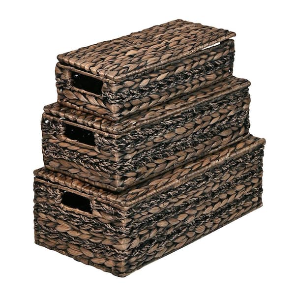 Sandrine 16.54 in. x 5.91 in. Metal/Hyacinth Storage Decorative Baskets with Handles and Lids, Brown (Set of 3)