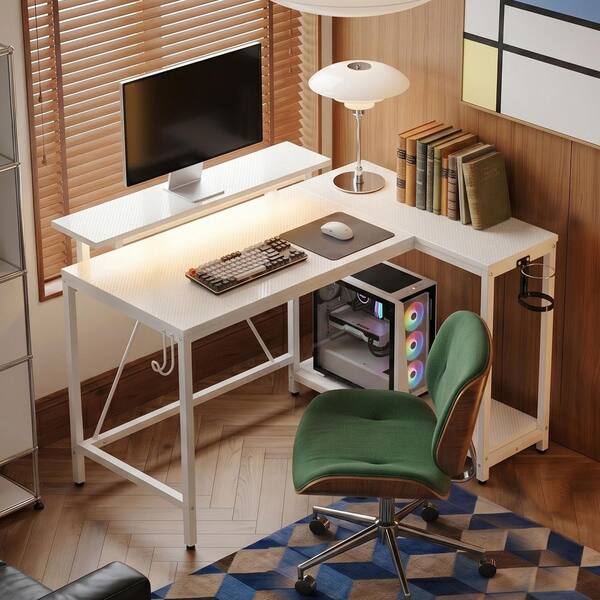 PINMOCO 42 in. L-Shaped White Carbon Fiber Reversible Gaming Desk