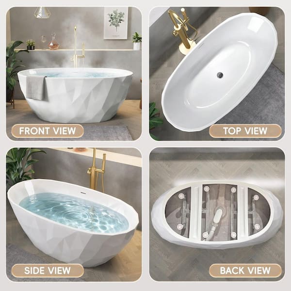 67 in. x 31.5 in. Freestanding Acrylic Soaking Bathtub with Center Chrome Drain in White Modern Design Geometric Tub