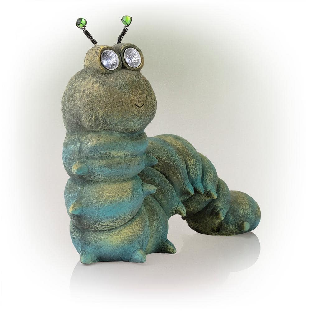 16-inch Green Solar-Powered Caterpillar Garden Statue with LED Eyes
